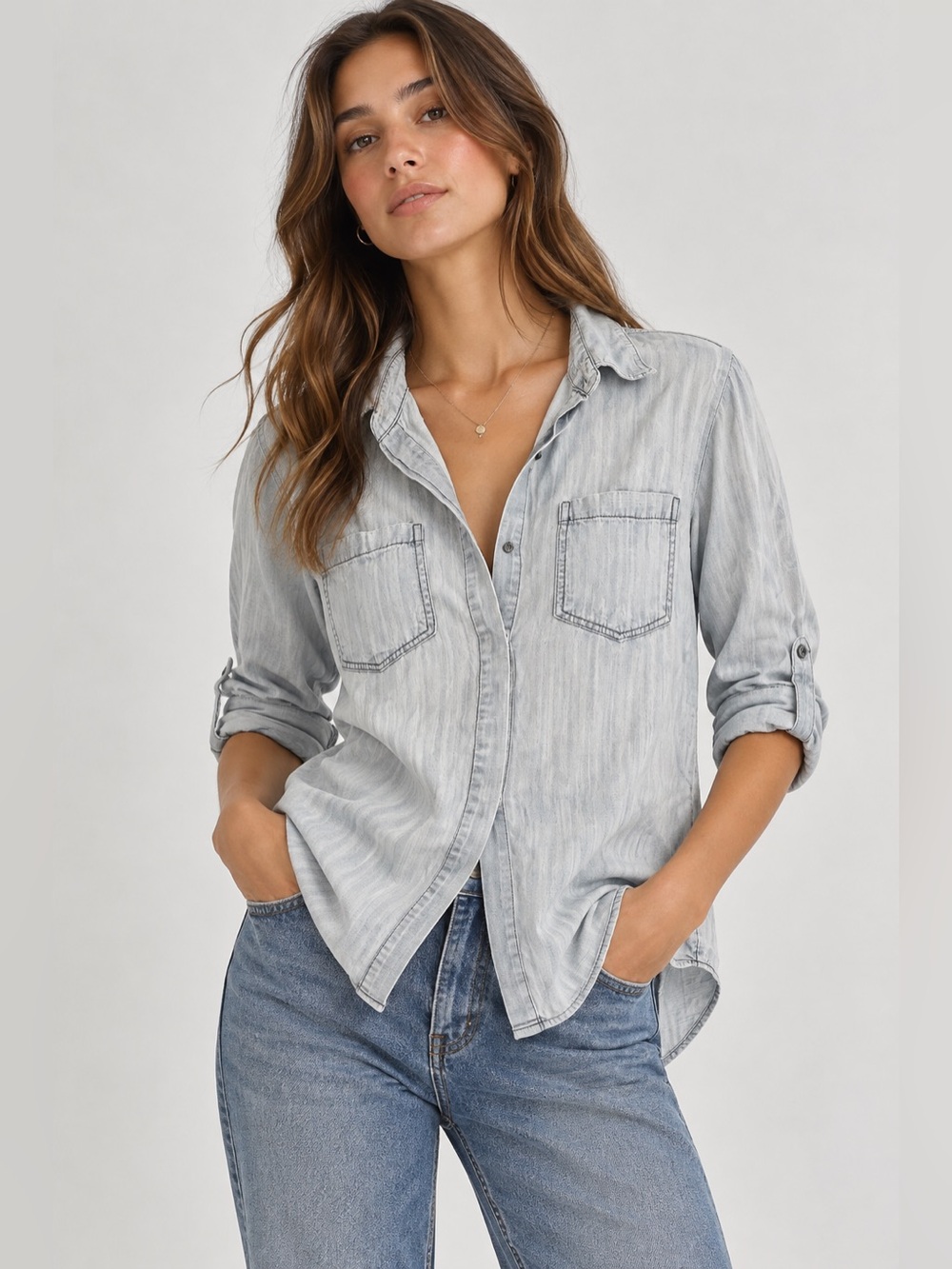 Velvet Heart Grunge Button Down Minimalist Tencel Shirt Gray Capsule Wardrobe L